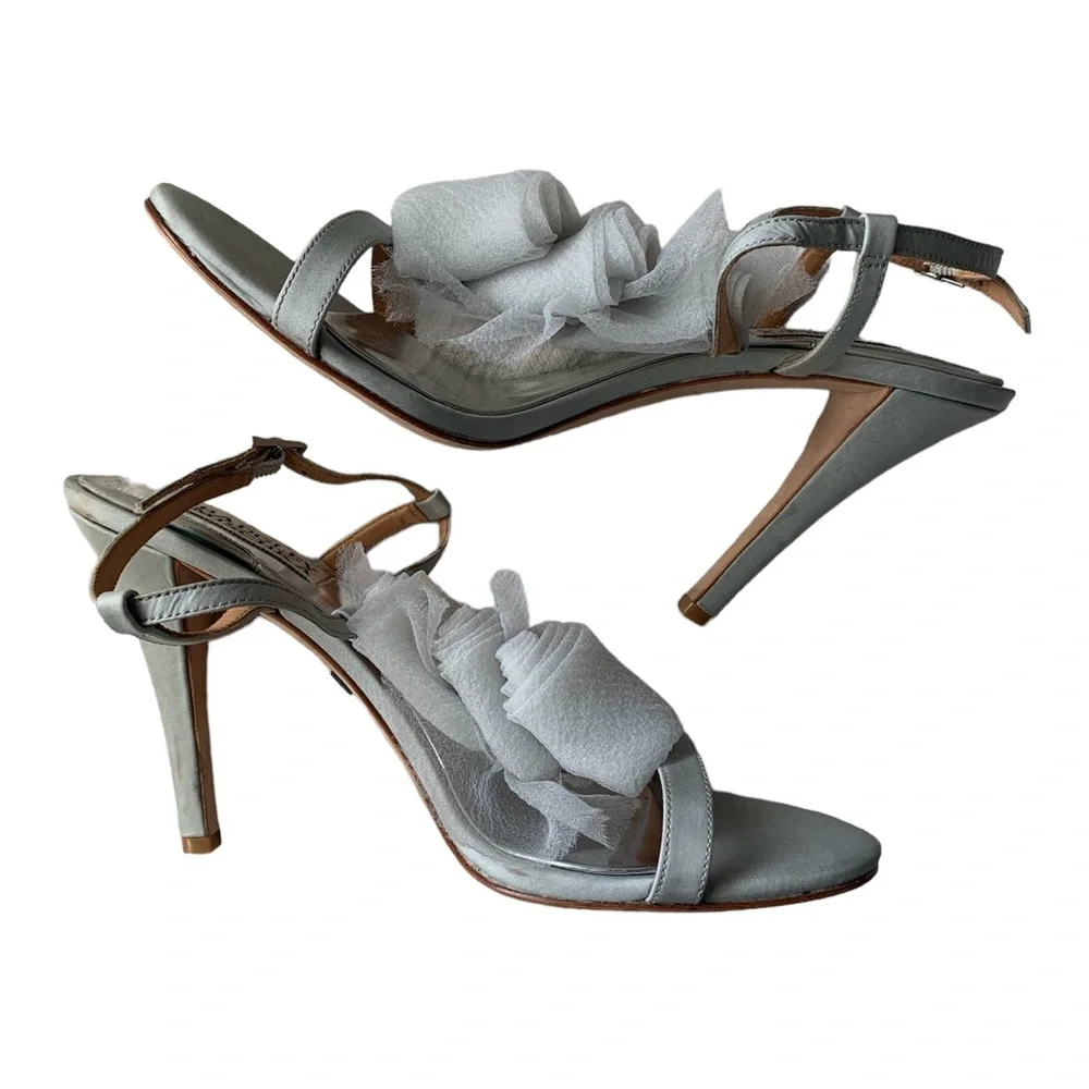 Badgley Mischka Cissy T-Strap Sandals Gray Floral Tulle Bridal Heels 9M‎